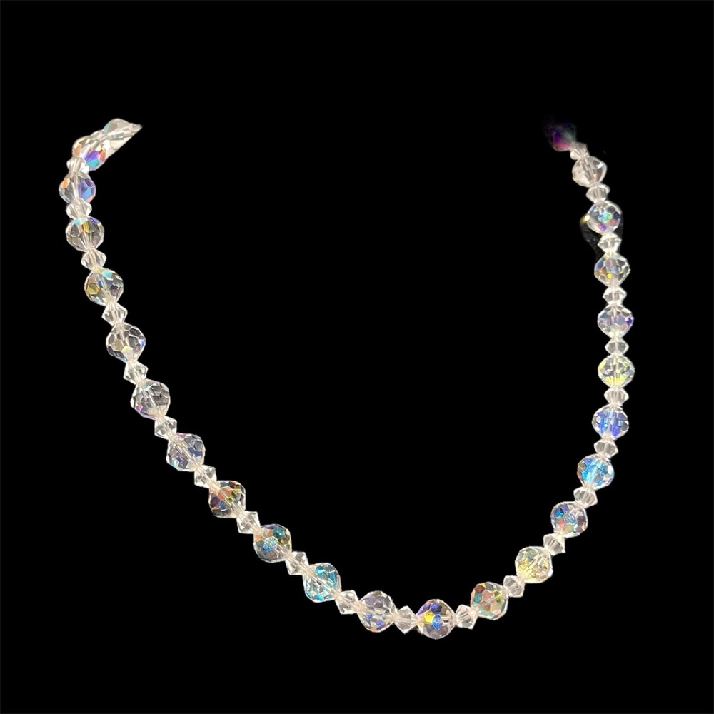 VTG 1940s 50s Clear AB Crystal  Beads Choker Japan Hook Aurora Borealis 14-16 In
